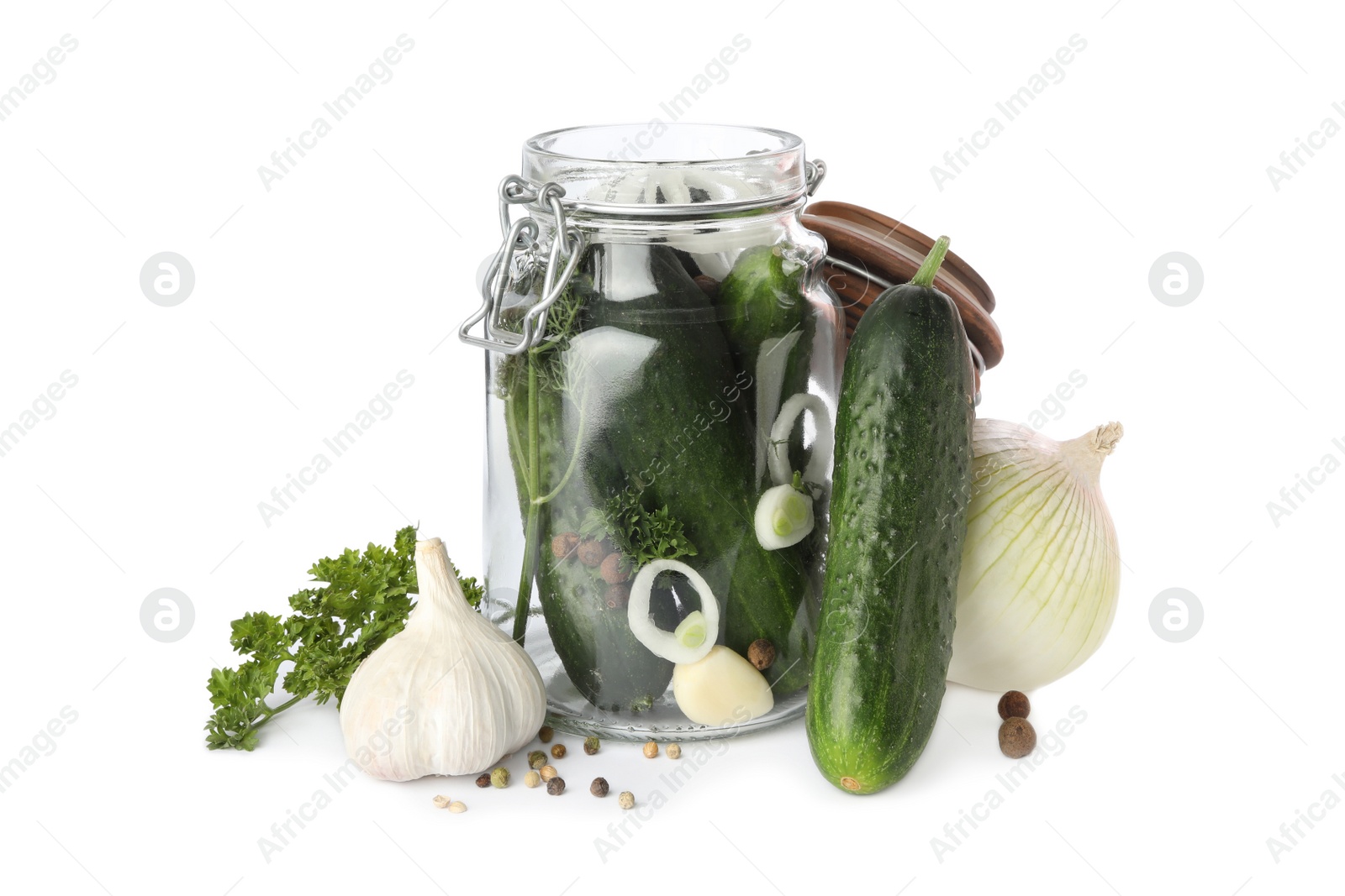 Photo of Pickling jar with fresh ripe cucumbers and spices on  white background
