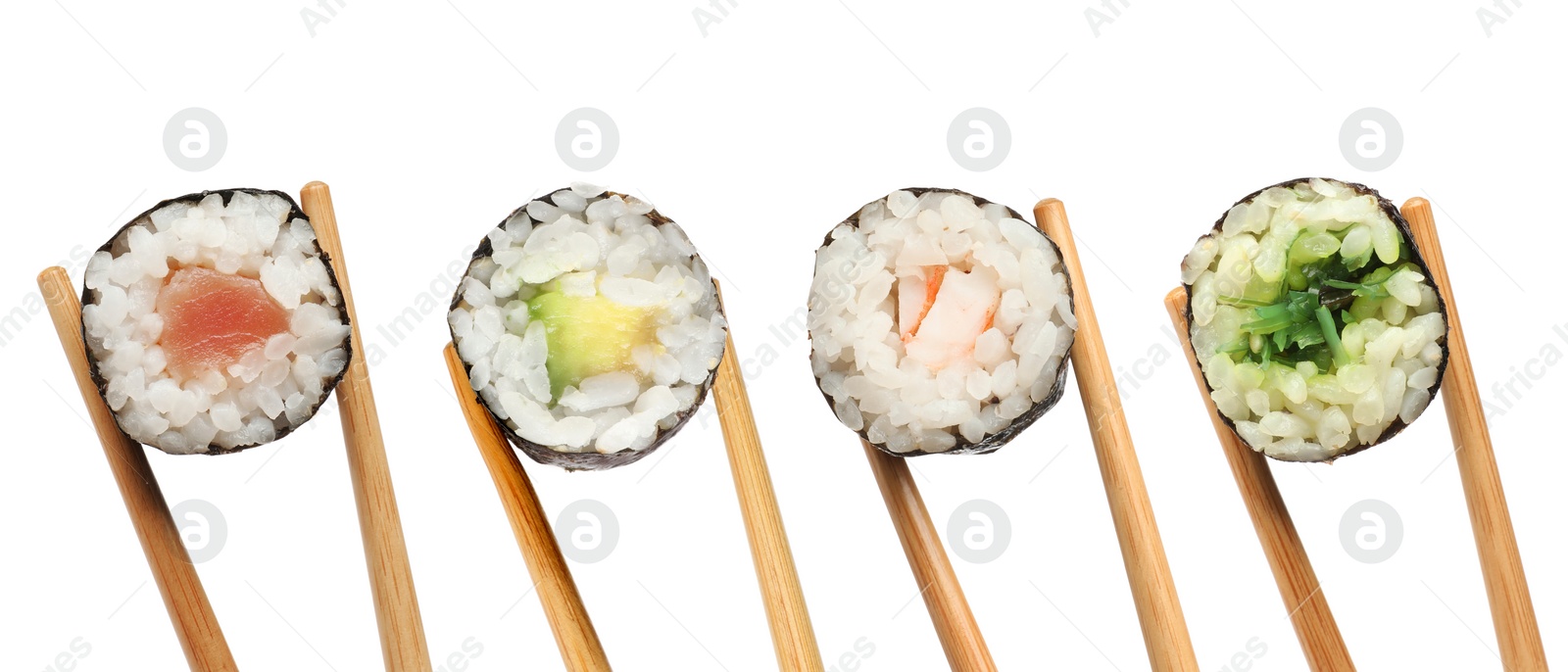 Image of Different sushi isolated on white. Chopsticks with asian food, set