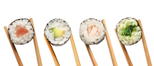 Image of Different sushi isolated on white. Chopsticks with asian food, set