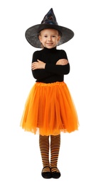 Photo of Cute little girl wearing Halloween costume on white background