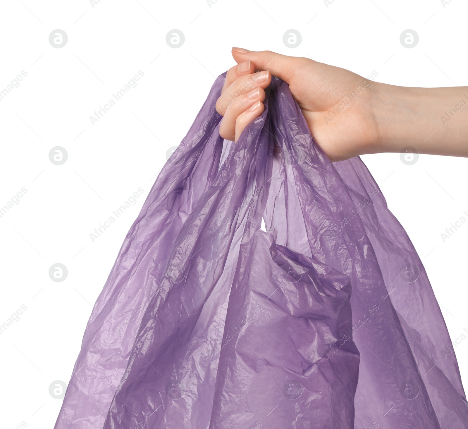 Photo of Woman holding purple plastic bag on white background, closeup