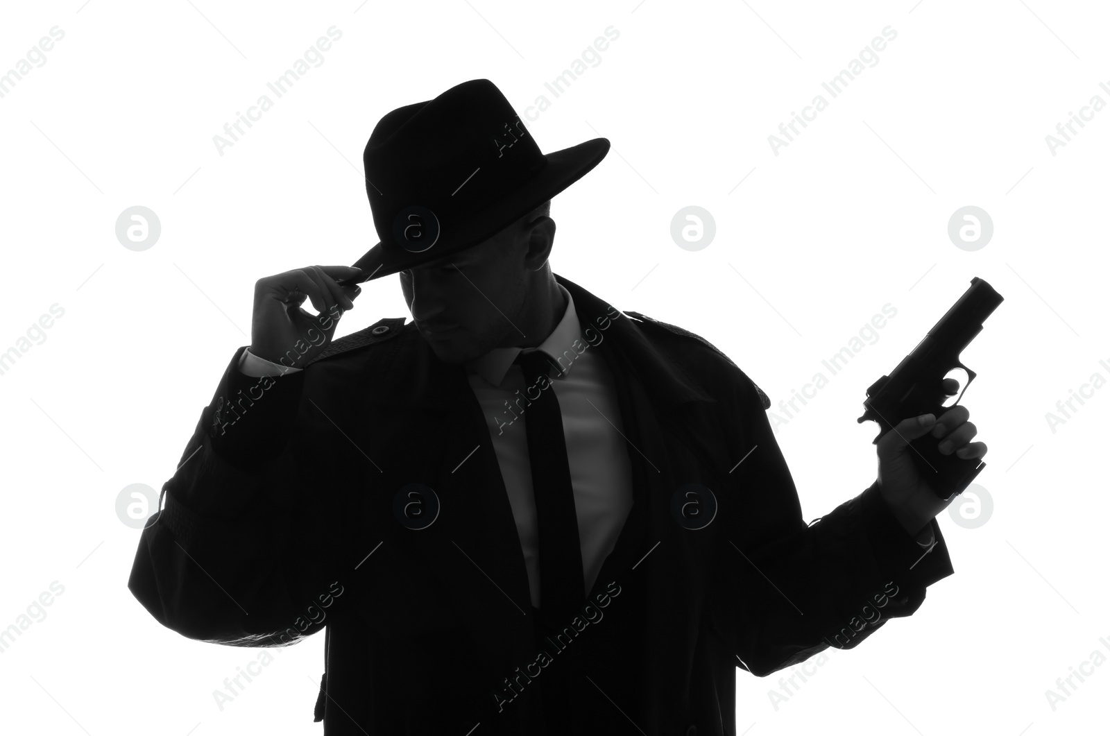 Photo of Old fashioned detective with gun on white background