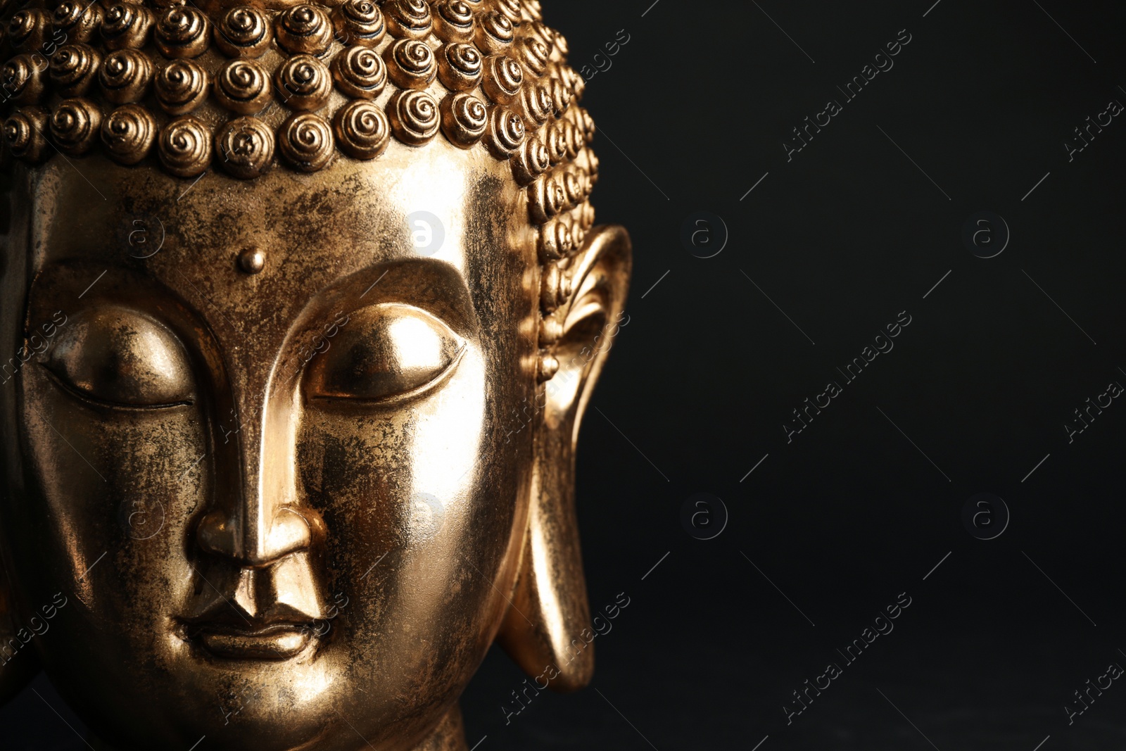 Photo of Beautiful golden Buddha sculpture on black background, closeup. Space for text