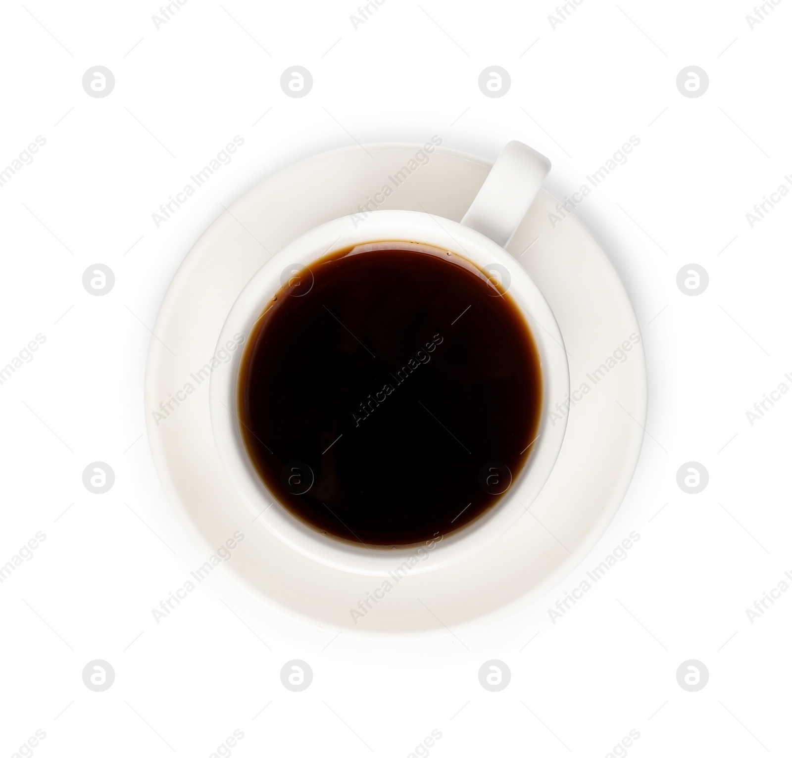 Photo of Tasty coffee in cup isolated on white, top view