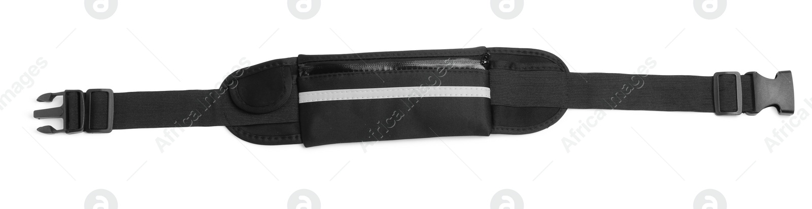 Photo of Stylish black waist bag isolated on white, top view