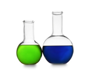 Photo of Chemistry glassware with color samples isolated on white