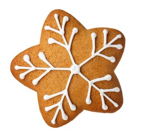 Photo of Tasty star shaped Christmas cookie with icing isolated on white