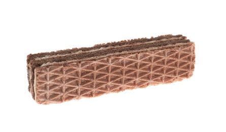 Photo of Delicious chocolate wafer stick isolated on white. Sweet food