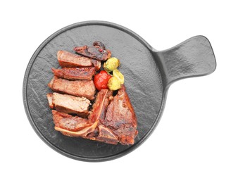 Photo of Delicious grilled beef meat and vegetables isolated on white, top view