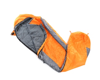 Sleeping bag on white background, top view. Camping equipment