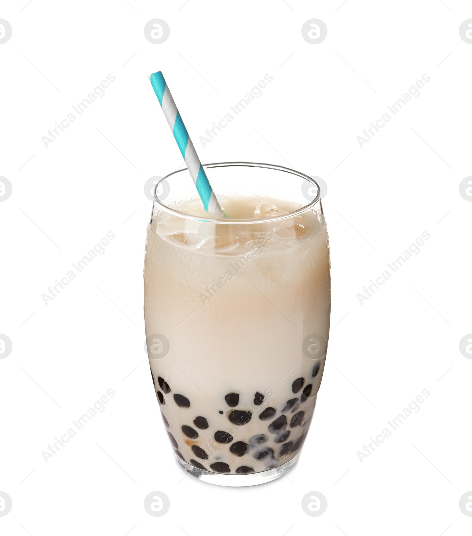 Photo of Bubble milk tea with tapioca balls in glass isolated on white