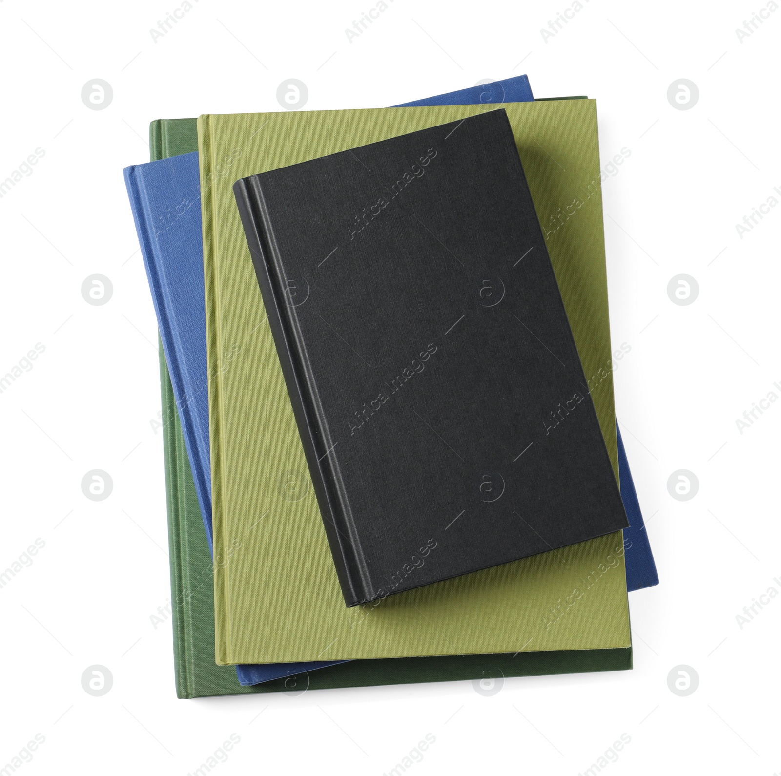 Photo of Hardcover books isolated on white, top view