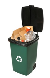 Photo of Trash bin with garbage on white background. Waste recycling