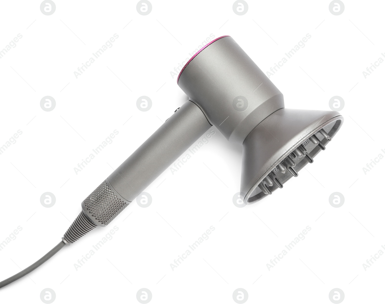 Photo of Modern hair dryer on white background, top view