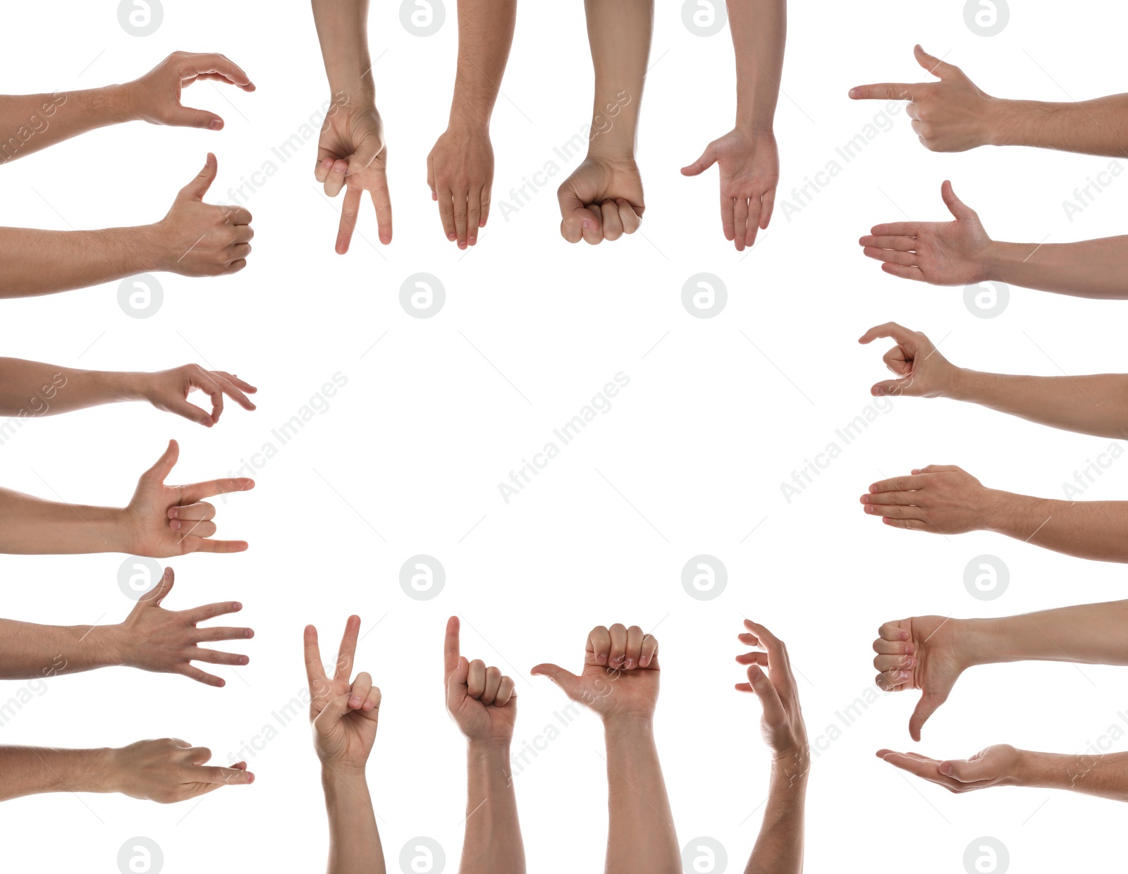 Image of Collage with man showing different gestures on white background, closeup view of hands