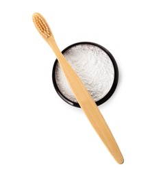 Photo of Jar of tooth powder and brush on white background, top view