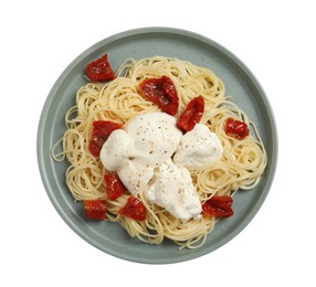 Delicious spaghetti with burrata cheese and sun dried tomatoes isolated on white, top view