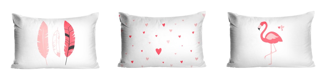 Image of Soft pillows with stylish prints isolated on white, set
