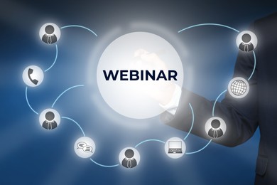 Image of Webinar concept. Closeup view of man near virtual screen with different icons on blue background