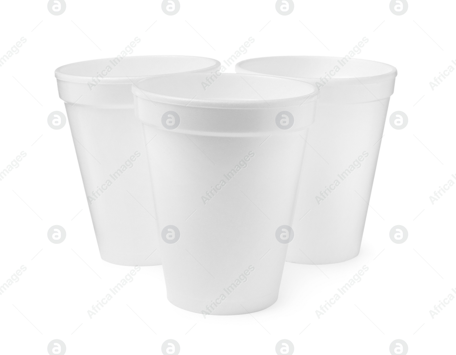 Photo of Three clean styrofoam cups on white background