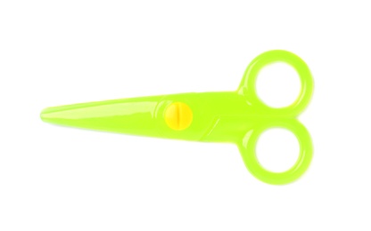 Photo of Colorful plastic scissors on white background. School stationery