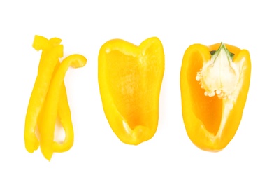 Photo of Cut yellow bell pepper isolated on white, top view
