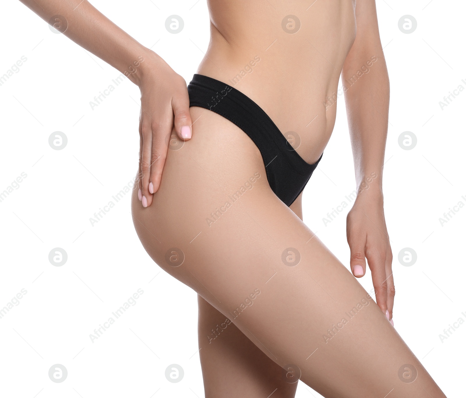 Photo of Closeup view of slim woman in underwear on white background. Cellulite problem concept