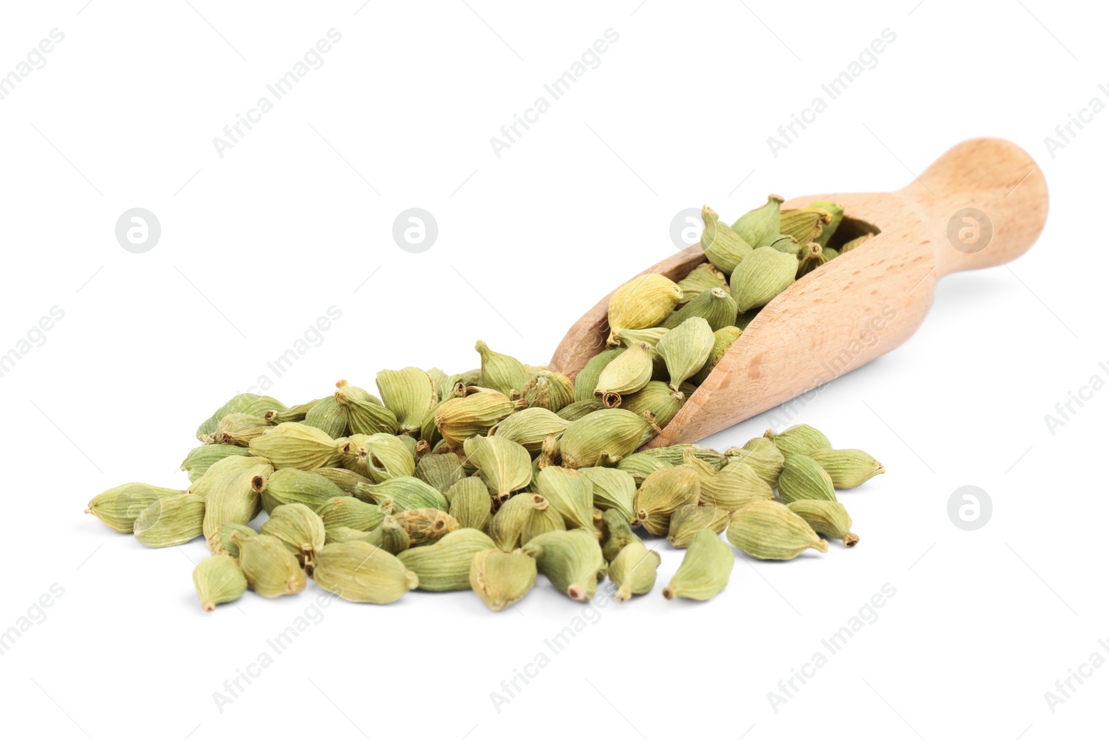 Photo of Wooden scoop with dry cardamom pods isolated on white