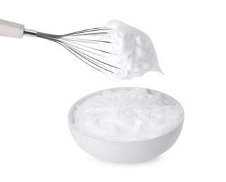 Bowl and whisk with whipped cream isolated on white