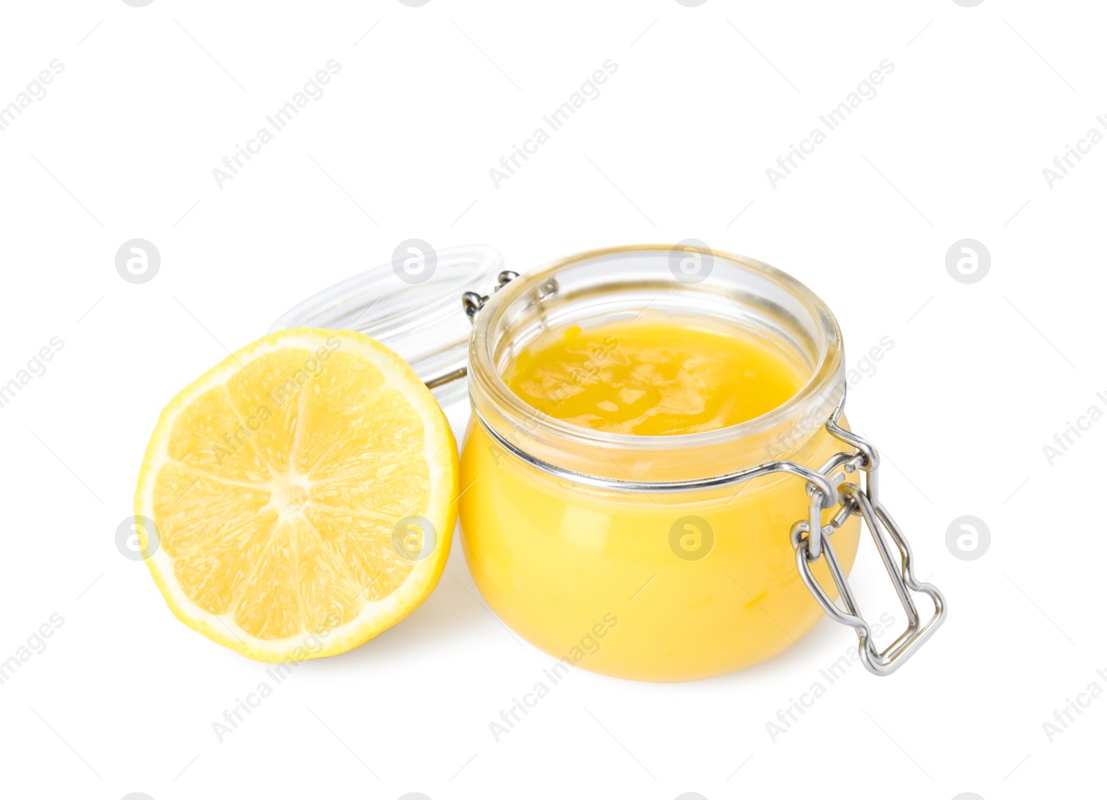 Photo of Delicious lemon curd and fruit on white background