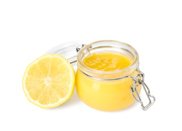 Photo of Delicious lemon curd and fruit on white background