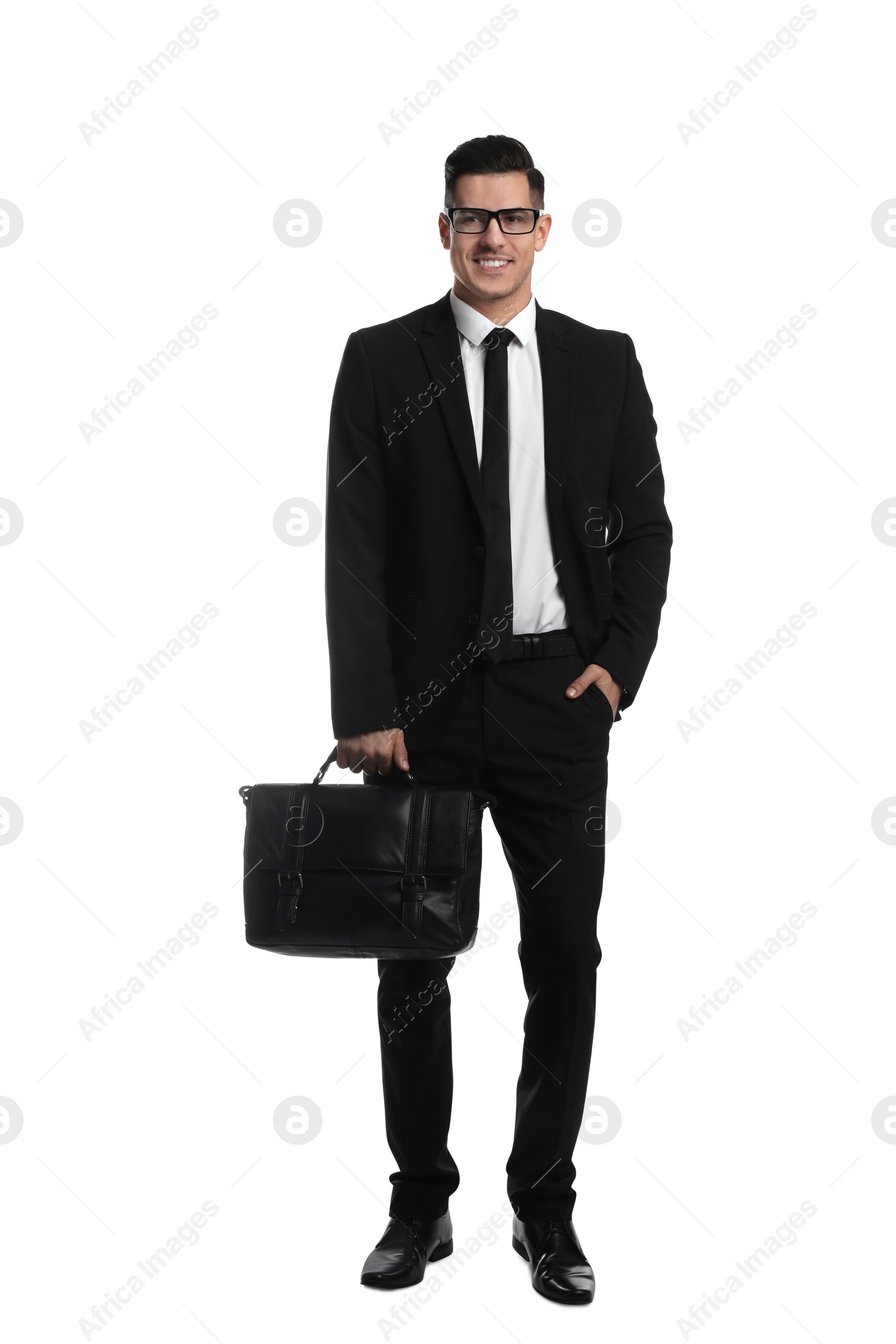 Photo of Businessman with stylish leather briefcase on white background