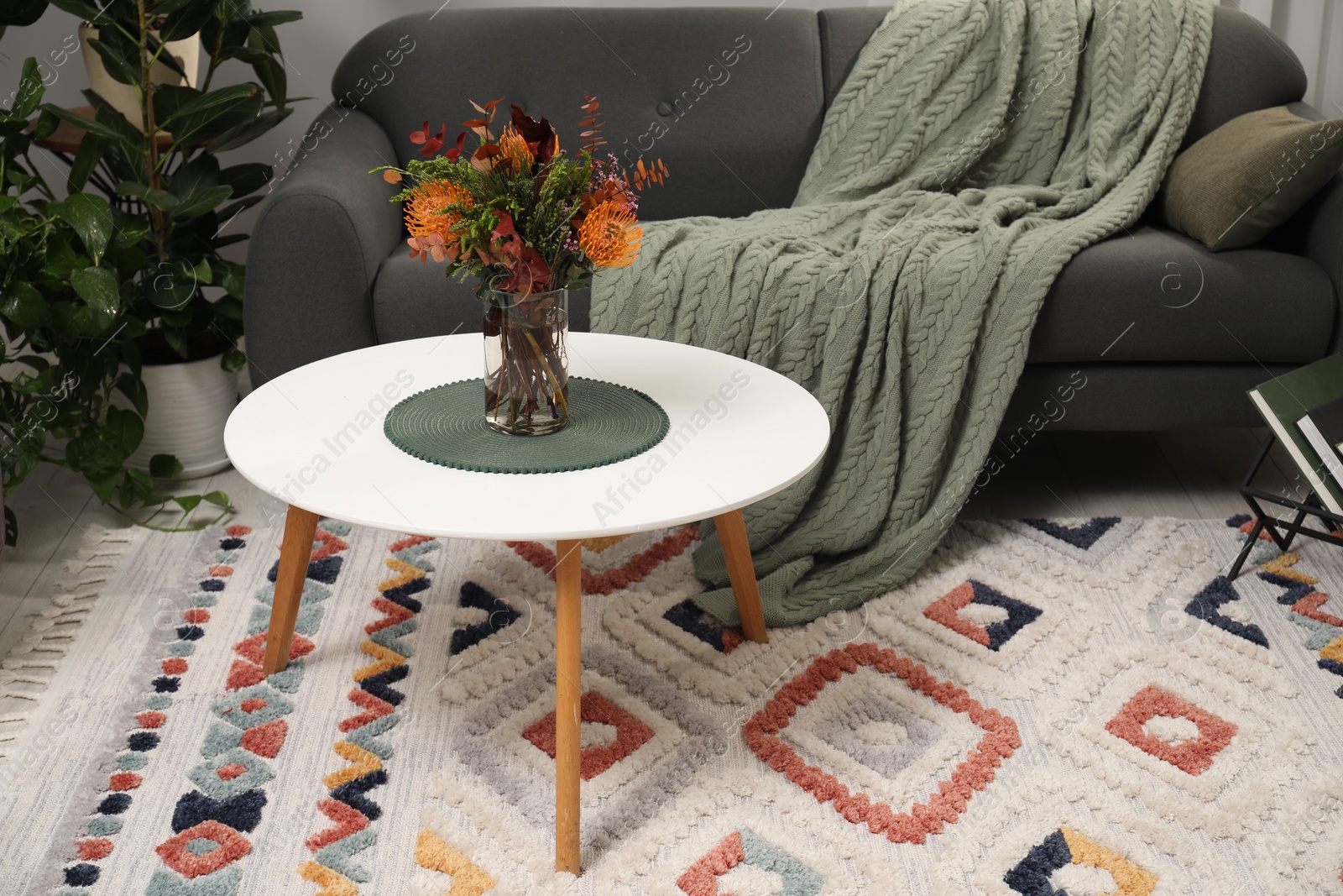 Photo of Vase with bouquet of beautiful leucospermum flowers on coffee table near grey sofa with blanket indoors