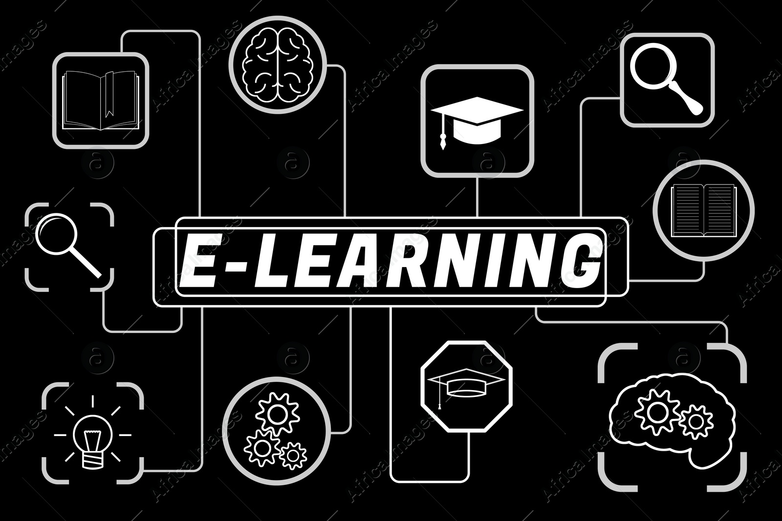 Image of E-learning. Scheme with icons on black background