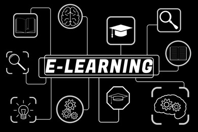Image of E-learning. Scheme with icons on black background