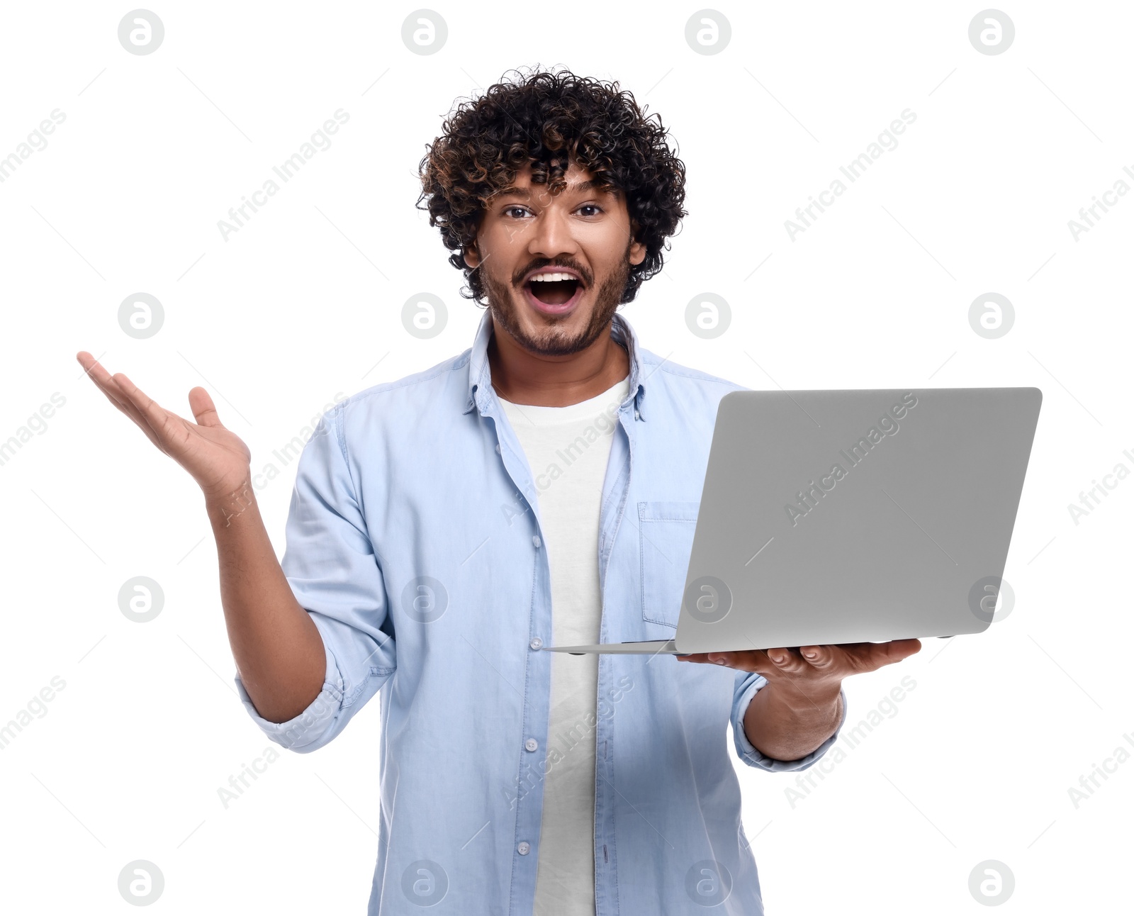 Photo of Happy man with laptop on white background