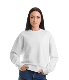 Photo of Portrait of young woman in sweater isolated on white. Mock up for design