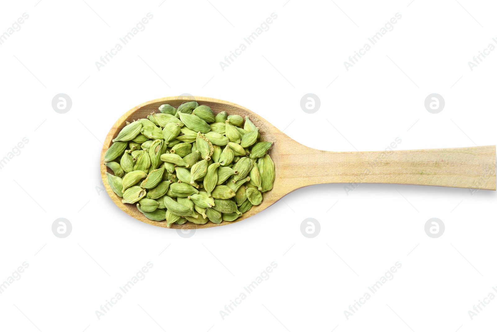 Photo of Wooden spoon full of cardamom on white background, top view