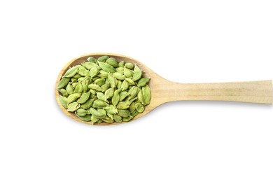 Photo of Wooden spoon full of cardamom on white background, top view