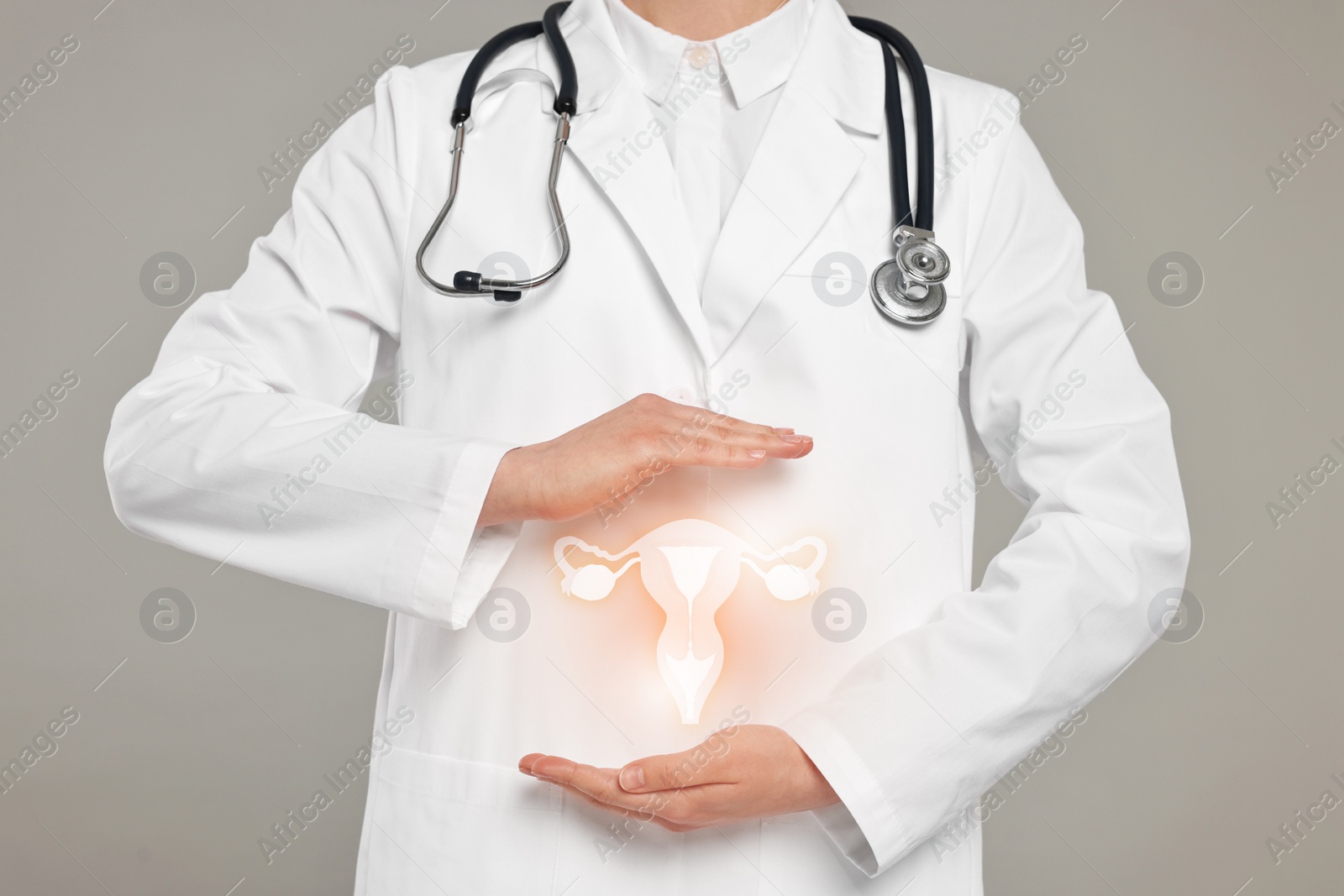 Image of Doctor and illustration of female reproductive system on grey background, closeup