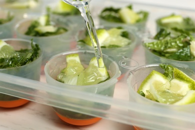 Photo of Pouring water into ice cube tray with lime slices and mint, closeup