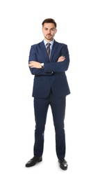 Photo of Full length portrait of businessman posing on white background