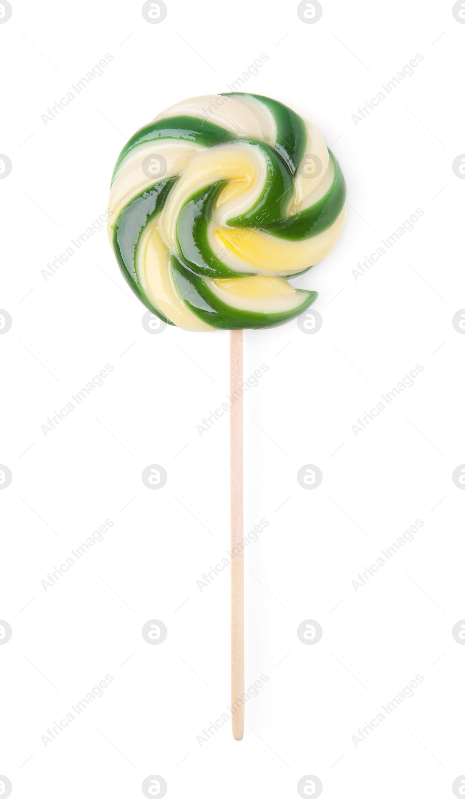 Photo of Colorful lollipop isolated on white, top view