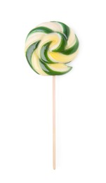 Photo of Colorful lollipop isolated on white, top view