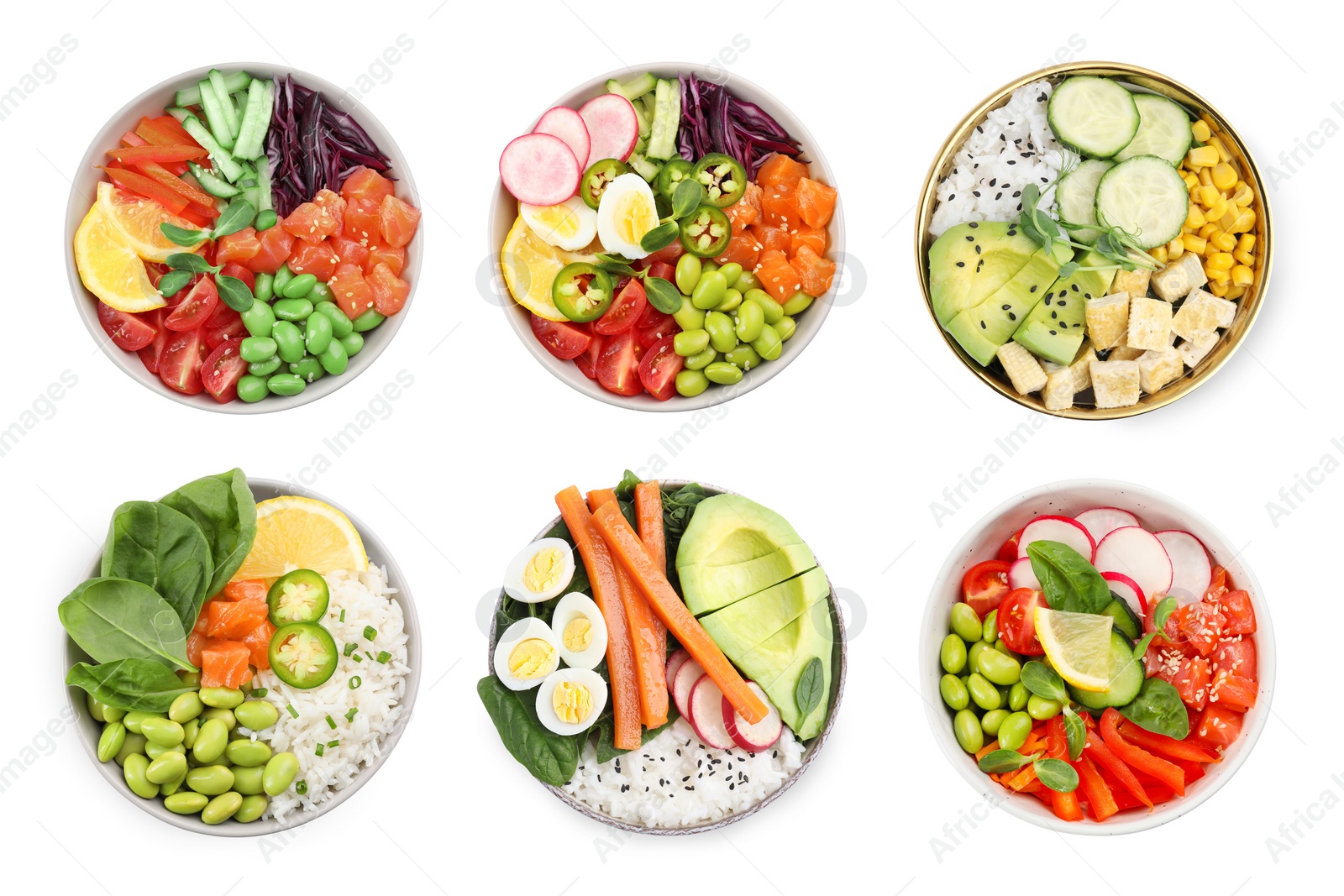 Image of Set of different poke bowls isolated on white, top view