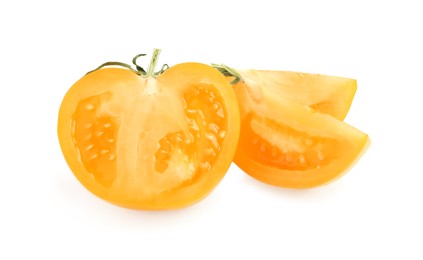 Photo of Cut ripe yellow tomato on white background