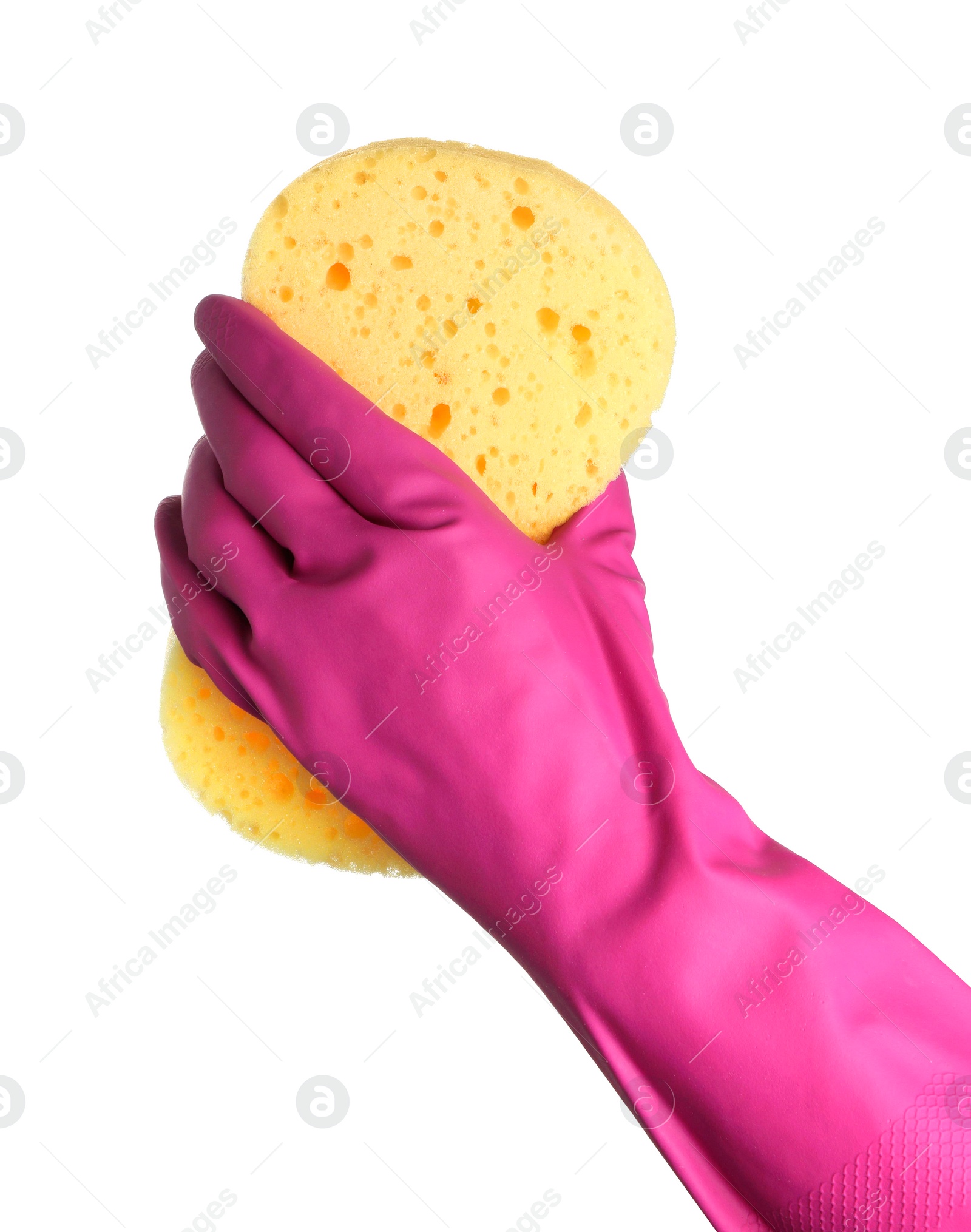 Photo of Cleaner in rubber glove holding new yellow sponge on white background, closeup