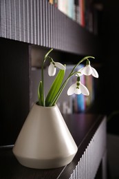 Beautiful snowdrops in vase on wooden table indoors