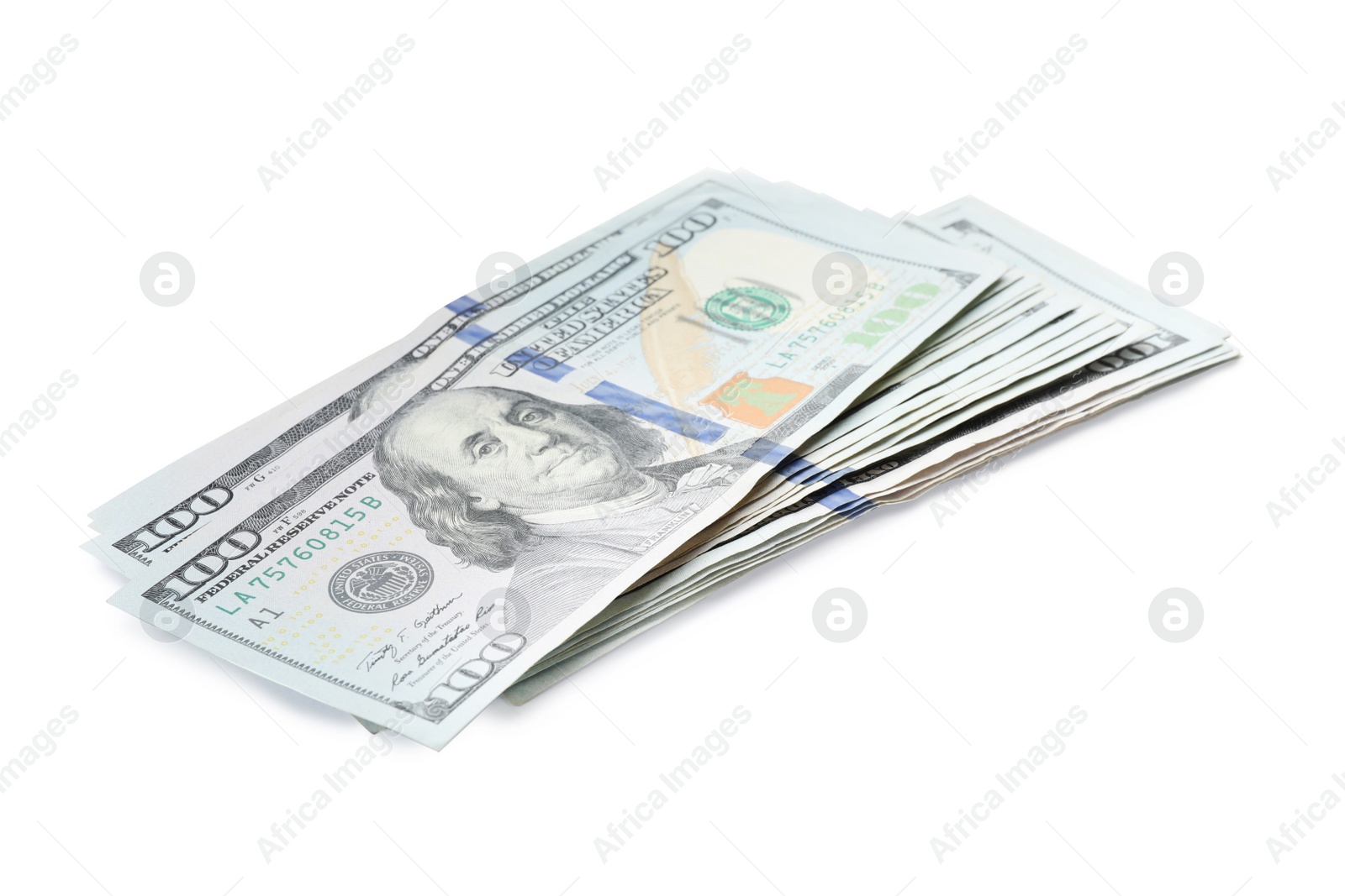 Photo of Dollar banknotes on white background. American national currency