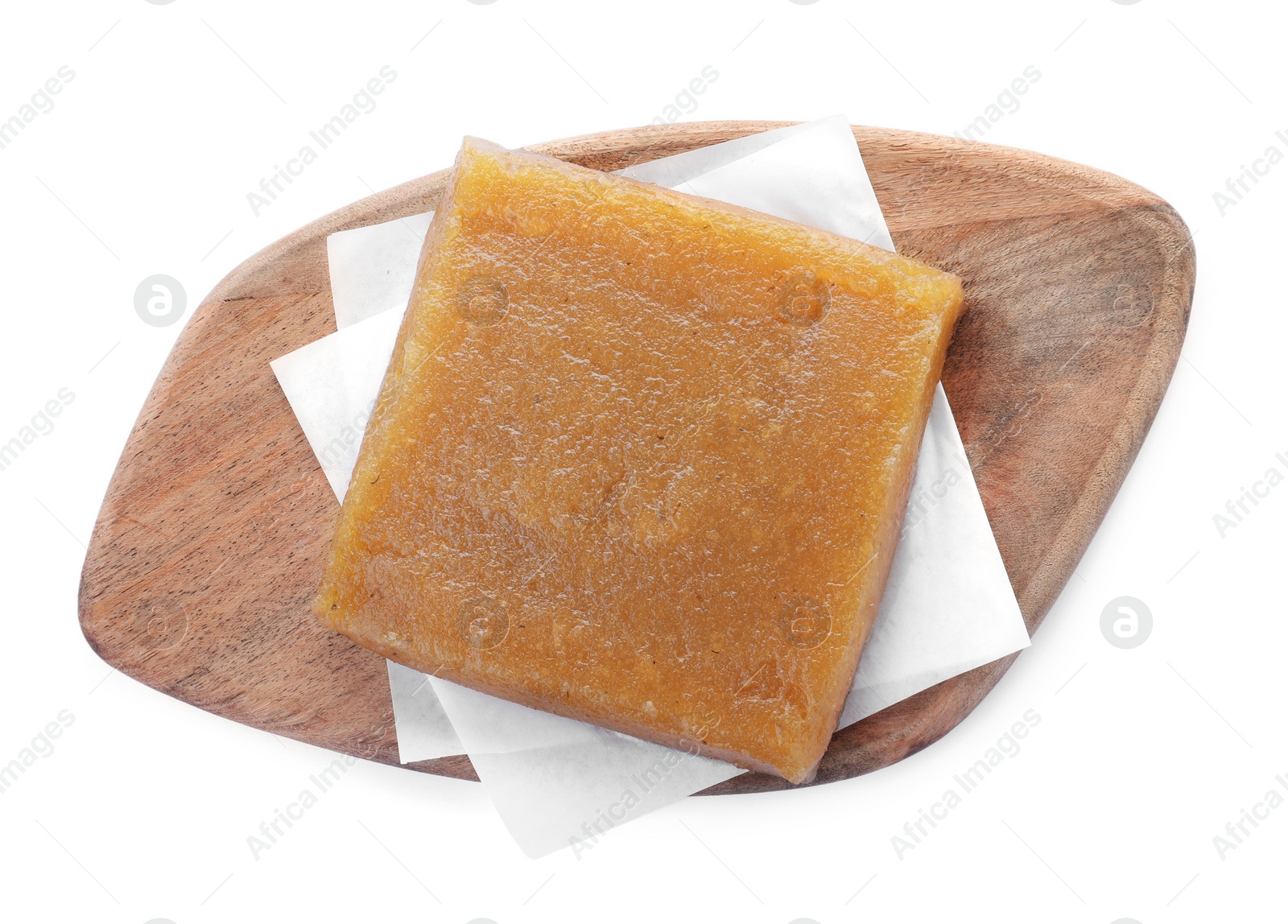 Photo of Delicious quince paste isolated on white, top view